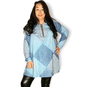 WOMENS BLUE V NECK HALF ZIP UP BLUE PATTERN SHIRT